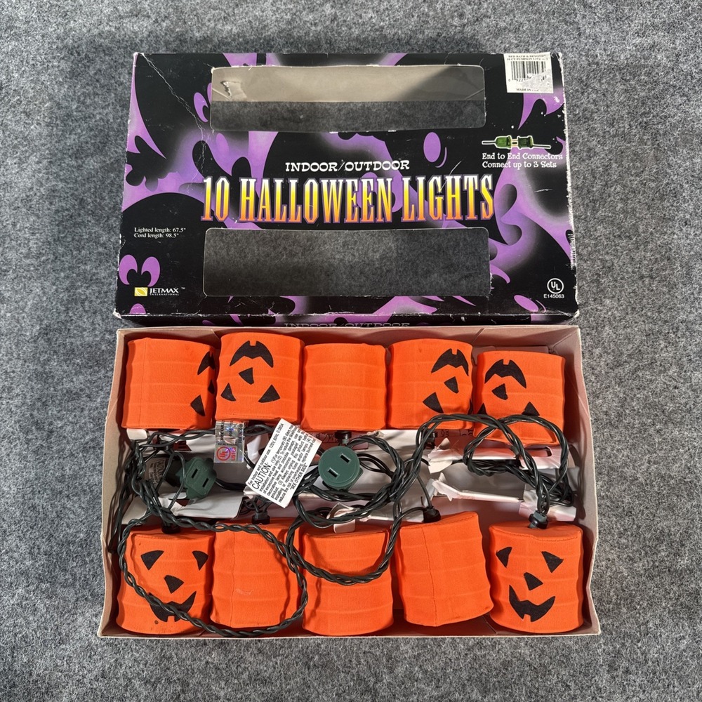 Vintage HALLOWEEN 10 Pumpkin & Ghosts Light String Orange Rare!